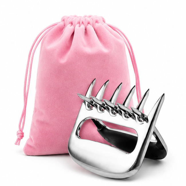 Paire de Griffes d'Ours en inox avec écrin en velours rose