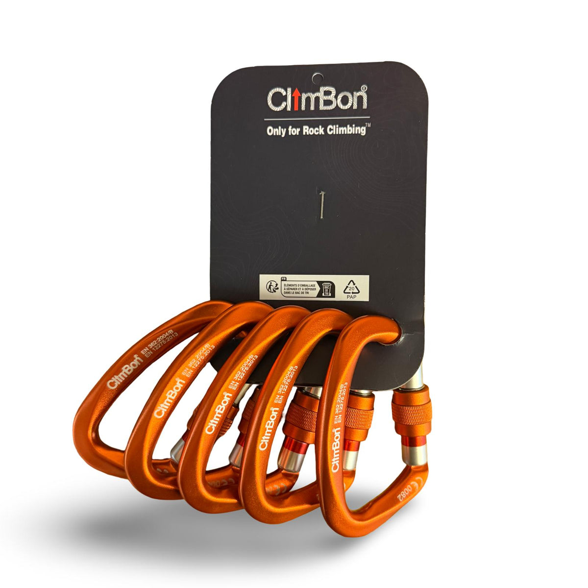 Lot de 5 mousquetons à vis orange ClimbBon présenté de dos