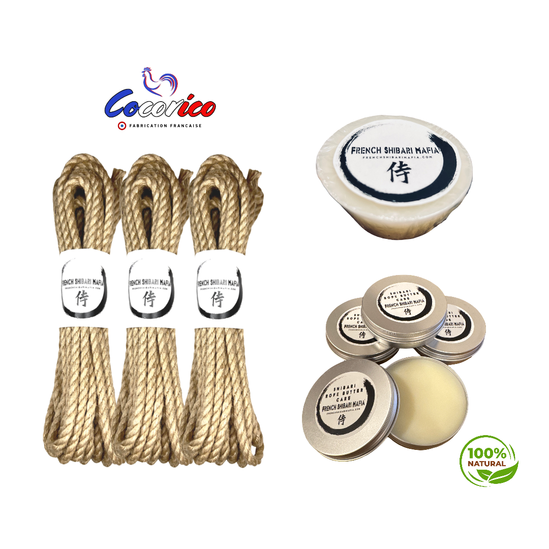 Kit de 3 cordes Shibari brutes en jute naturel fabriquées en France + cire  + baume bio,  à préparer soi meme.