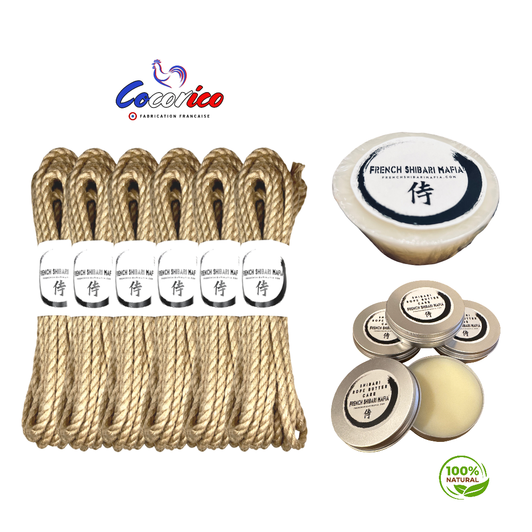 Kit de 6 cordes Shibari brutes en jute naturel fabriquées en France + cire  + baume bio,  à préparer soi meme.