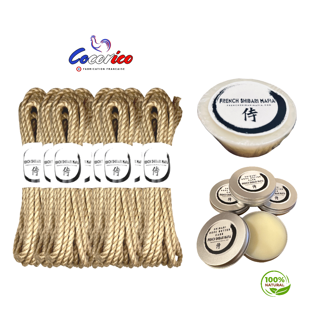 Kit de 8 cordes Shibari brutes en jute naturel fabriquées en France + cire  + baume bio,  à préparer soi meme.