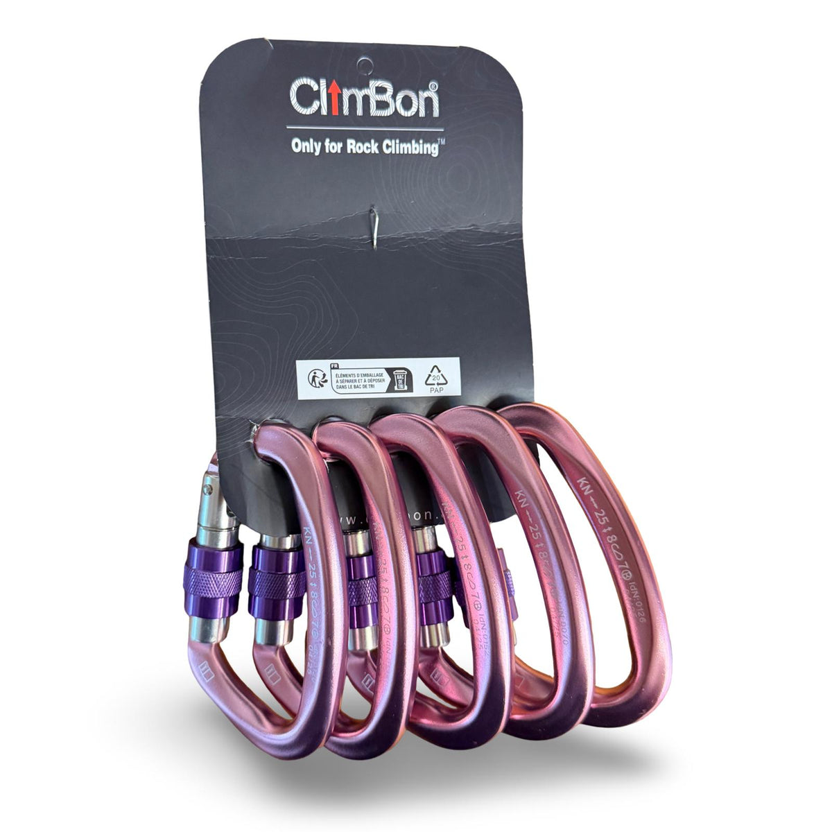 Lot de 5 mousquetons à vis rose et violet ClimbBon vus de dos
