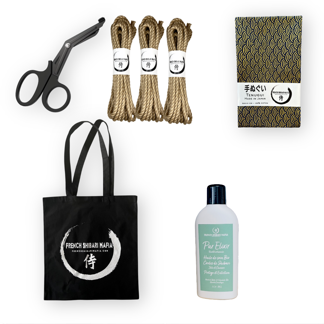 Pack Shibari Essentiel avec 3 cordes en jute fabrication francaise, ciseaux de sécurité, tenugui japonais, huile d’entretien Pur Elixir et tote bag French Shibari Mafia