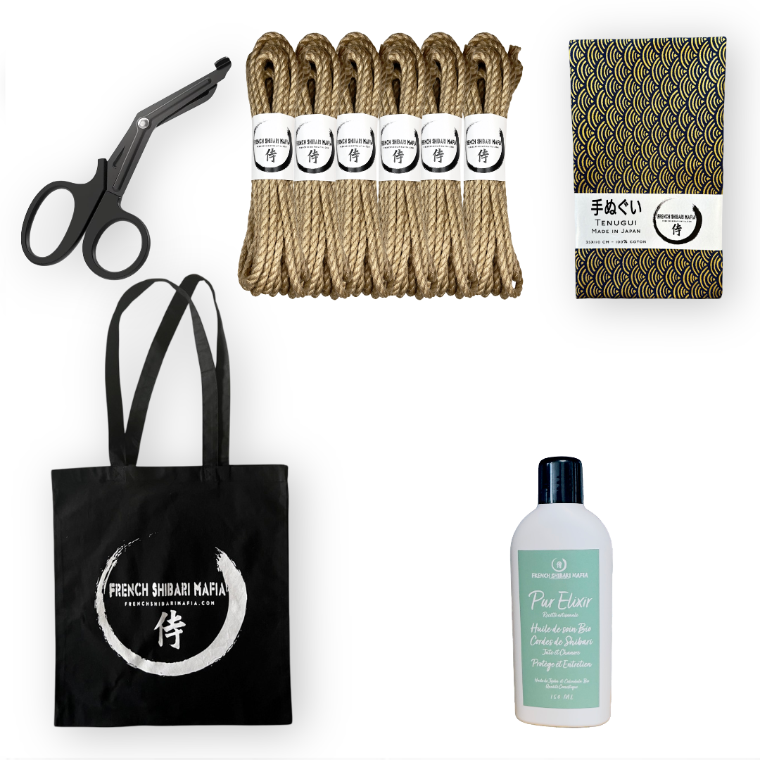 Pack Shibari Essentiel avec 6 cordes en jute fabrication francaise , ciseaux de sécurité, tenugui japonais, huile d’entretien Pur Elixir et tote bag French Shibari Mafia