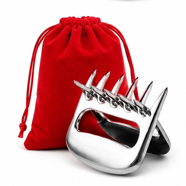 Deux Griffes d'Ours en inox avec pochette de rangement en velours rouge