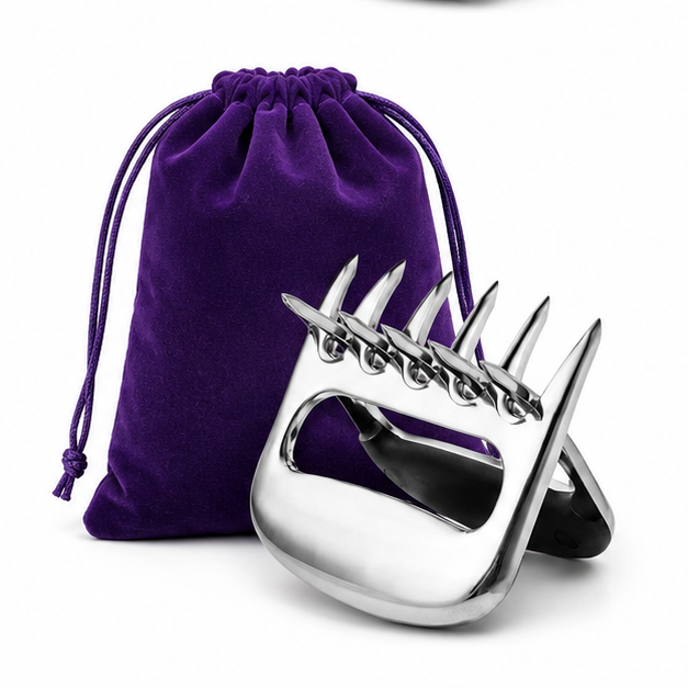 Paire de Griffes d'Ours en acier inoxydable avec écrin en velours violet