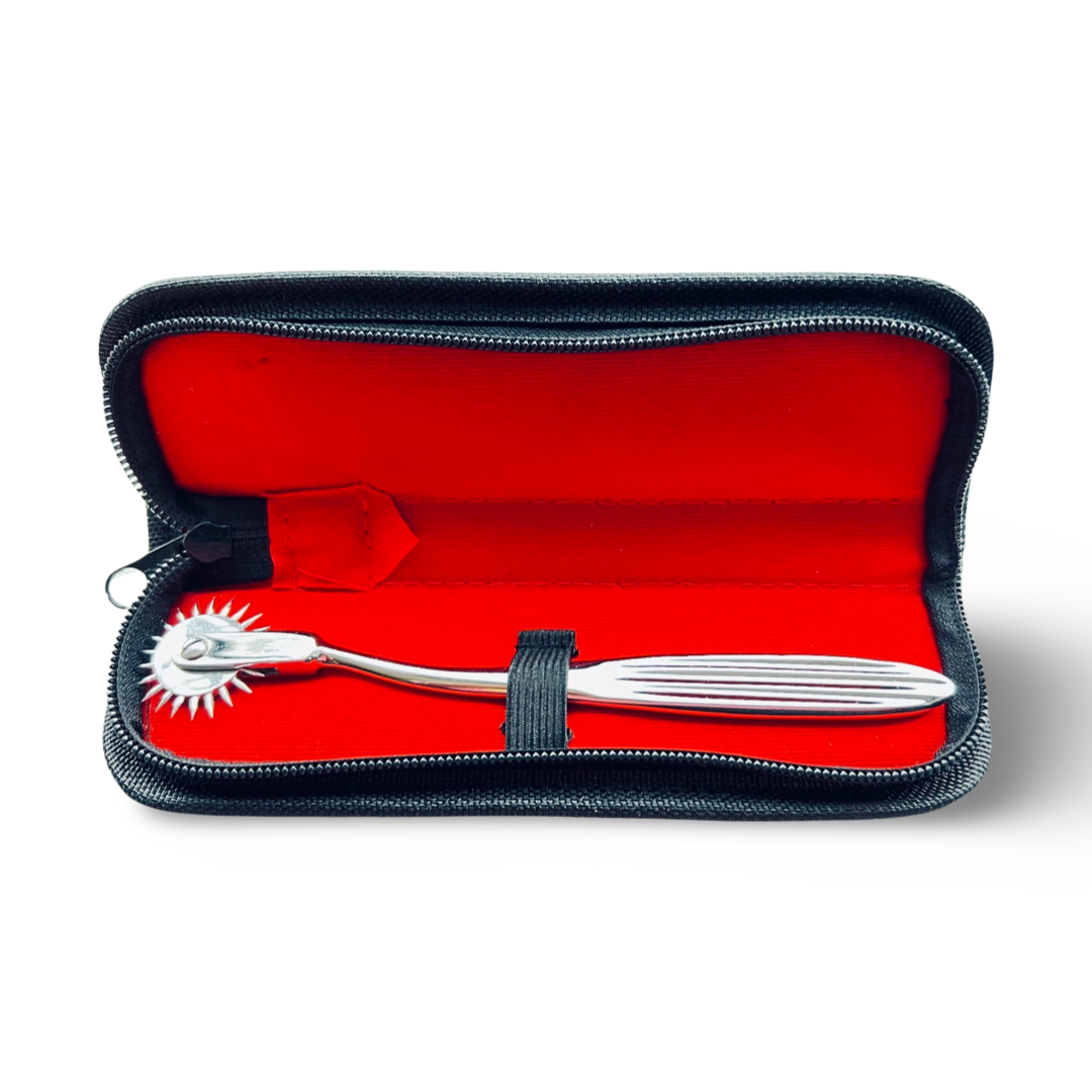 Roulette de Wartenberg en inox présentée dans son étui de rangement rouge