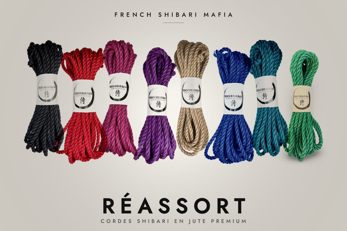 Réassort de cordes Shibari en jute Premium French Shibari Mafia : noire, rouge, rose, violet, Gold Écrue, bleue, vert émeraude et vert jade